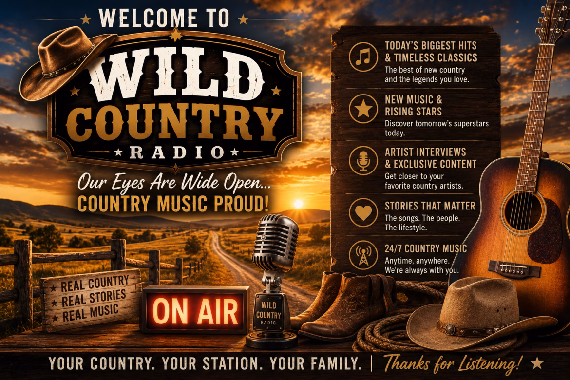 “Welcome to Wild Country Radio” artwork with an on-air sign, guitar and cowboy hat at sunset