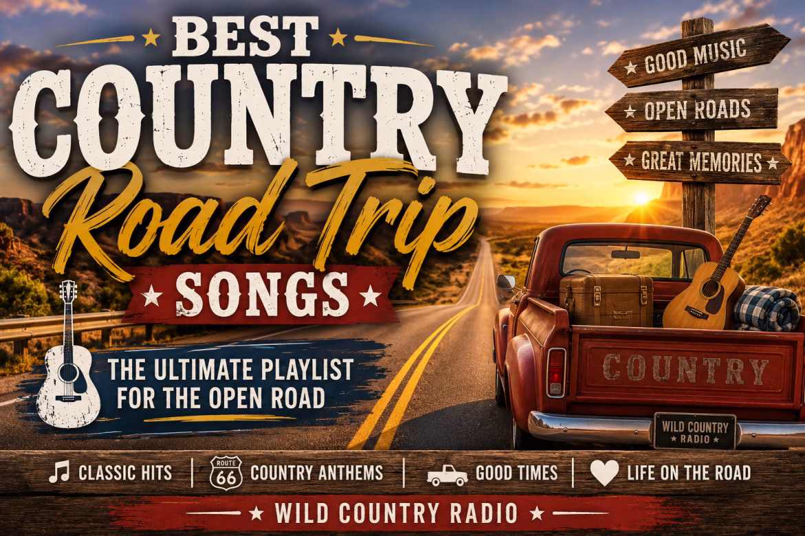 “Best Country Road Trip Songs” artwork with a pickup truck on an open highway